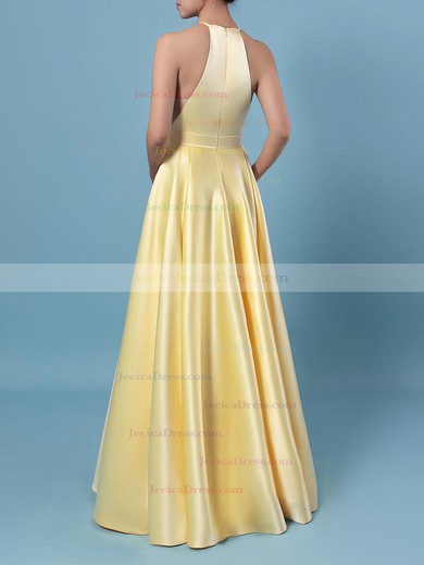 Satin Princess Halter Floor-length Pockets Prom Dresses #JCD020106399