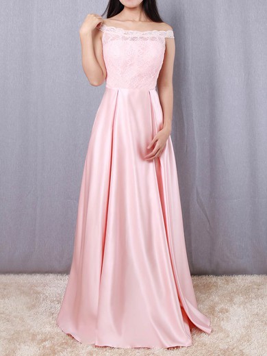 Lace Satin A-line Off-the-shoulder Floor-length Prom Dresses #JCD020105042