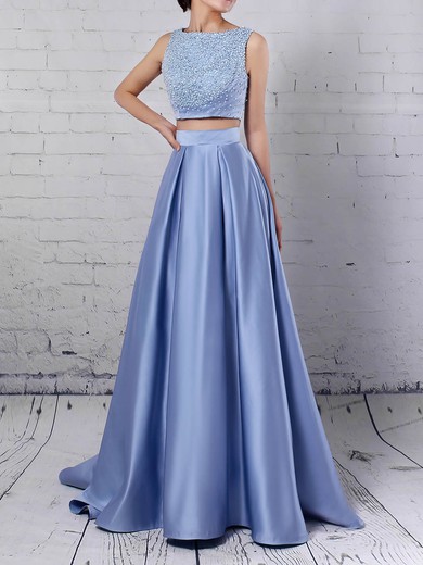 Satin Princess Scoop Neck Floor-length Beading Prom Dresses #JCD020105049