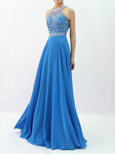 Chiffon Tulle A-line Scoop Neck Sweep Train Beading Prom Dresses #JCD020105056