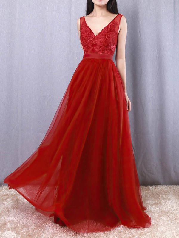 Tulle A-line V-neck Floor-length Appliques Lace Prom Dresses #JCD020105082