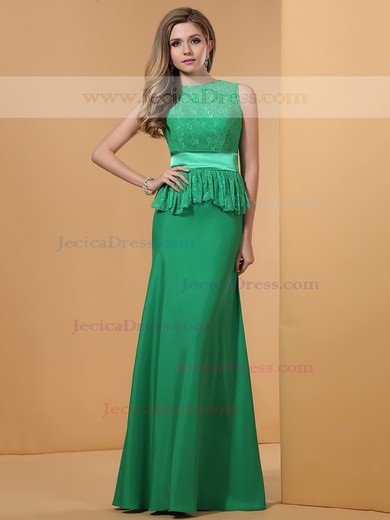 Custom Green Lace Silk-like Satin Scoop Neck Sashes / Ribbons Sweep Train Prom Dresses #JCD02023196