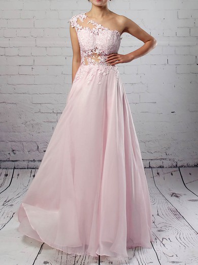 Chiffon Tulle A-line One Shoulder Floor-length Appliques Lace Prom Dresses #JCD020105091