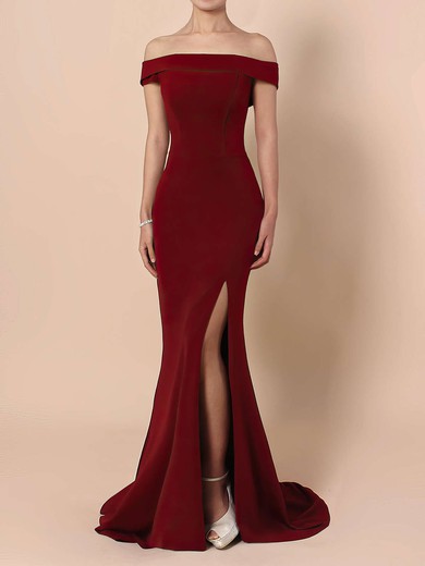 Silk-like Satin Sheath/Column Off-the-shoulder Floor-length Split Front Prom Dresses #JCD020105840