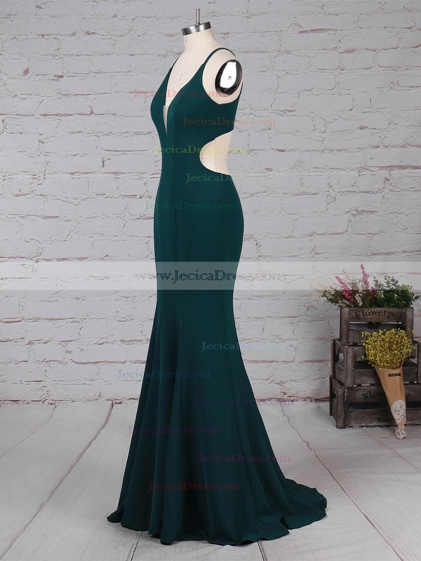 Silk-like Satin Sheath/Column V-neck Sweep Train Prom Dresses #JCD020105843