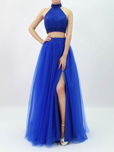 Tulle A-line Halter Floor-length Beading Prom Dresses #JCD020105845