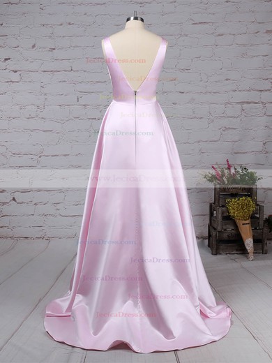 Satin Princess V-neck Sweep Train Pockets Prom Dresses #JCD020105849