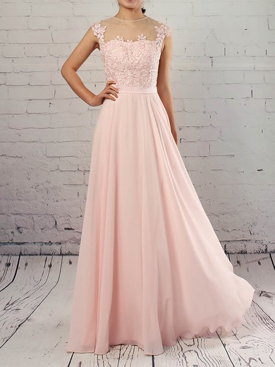 Chiffon Tulle A-line Scoop Neck Floor-length Appliques Lace Prom Dresses #JCD020105858