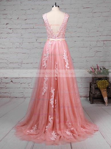 Lace Tulle Princess Scoop Neck Sweep Train Beading Prom Dresses #JCD020105890