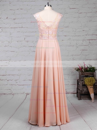 Chiffon Tulle A-line V-neck Floor-length Appliques Lace Prom Dresses #JCD020105892