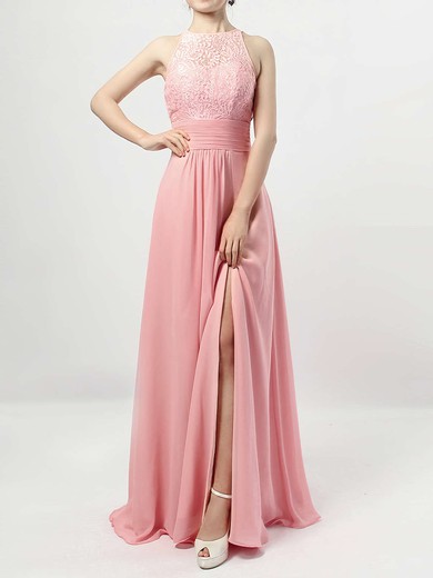 A-line Scoop Neck Lace Chiffon Floor-length Ruffles Bridesmaid Dresses #JCD01013465