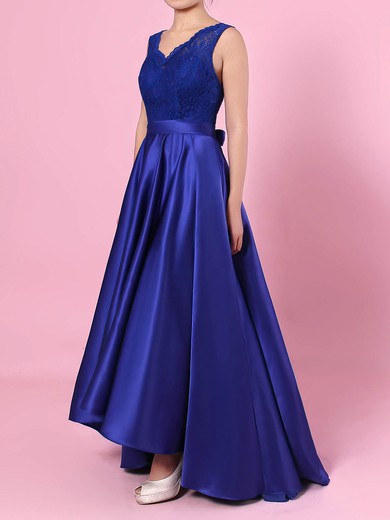 A-line V-neck Lace Silk-like Satin Asymmetrical Sashes / Ribbons Bridesmaid Dresses #JCD01013508