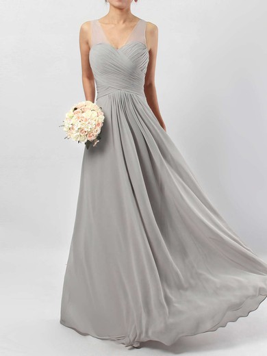 A-line V-neck Chiffon Floor-length Ruffles Bridesmaid Dresses #JCD01013533