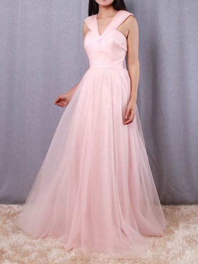 A-line V-neck Tulle Floor-length Ruffles Bridesmaid Dresses #JCD01013562