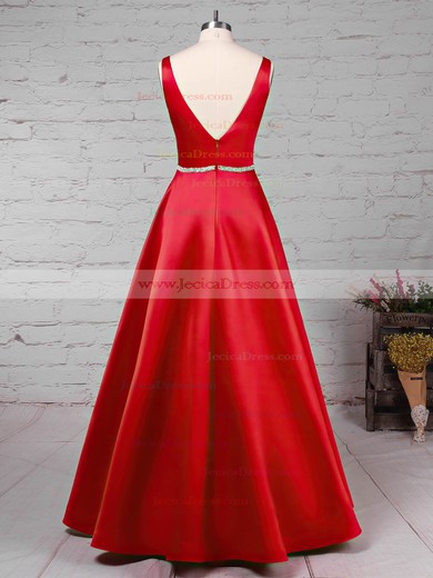 Princess V-neck Satin Floor-length Beading Prom Dresses #JCD020105875
