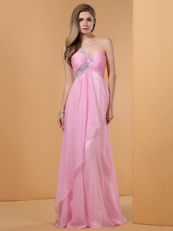 Girls One Shoulder Pink Chiffon Beading Empire Prom Dresses #JCD02014357