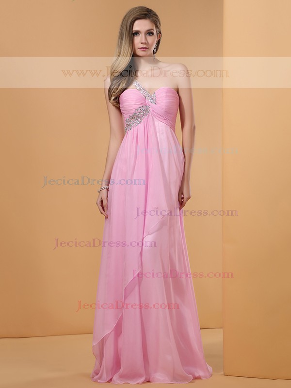 Girls One Shoulder Pink Chiffon Beading Empire Prom Dresses #JCD02014357