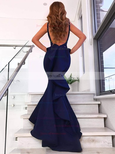 Silk-like Satin Trumpet/Mermaid V-neck Sweep Train Ruffles Prom Dresses #JCD020106442
