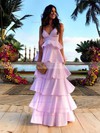 Satin A-line V-neck Floor-length Tiered Prom Dresses #JCD020106445