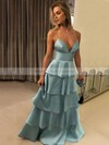 Satin A-line V-neck Floor-length Tiered Prom Dresses #JCD020106445