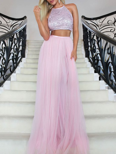 Tulle Sequined A-line Halter Floor-length Sequins Prom Dresses #JCD020106457