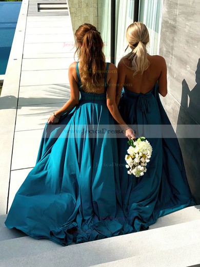 Silk-like Satin A-line V-neck Sweep Train Split Front Prom Dresses #JCD020106461