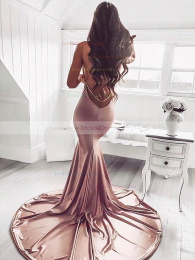Silk-like Satin Trumpet/Mermaid V-neck Sweep Train Ruffles Prom Dresses #JCD020106463