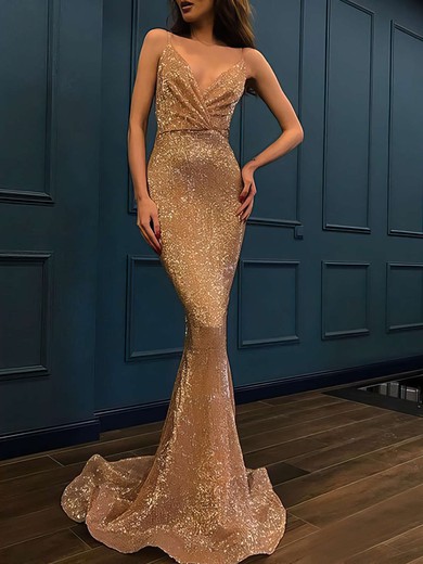 Sequined Trumpet/Mermaid V-neck Sweep Train Prom Dresses #JCD020106503