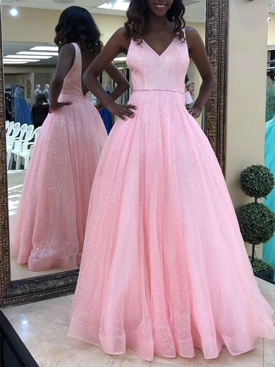 Glitter Princess V-neck Floor-length Beading Prom Dresses #JCD020106507