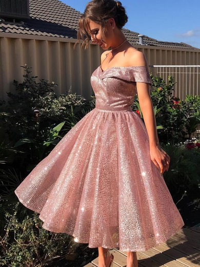 Glitter A-line Off-the-shoulder Tea-length Prom Dresses #JCD020106510