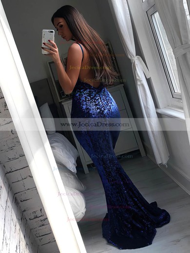Sequined Trumpet/Mermaid V-neck Sweep Train Prom Dresses #JCD020106514