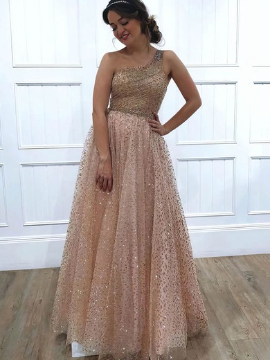Glitter A-line One Shoulder Floor-length Beading Prom Dresses #JCD020106516