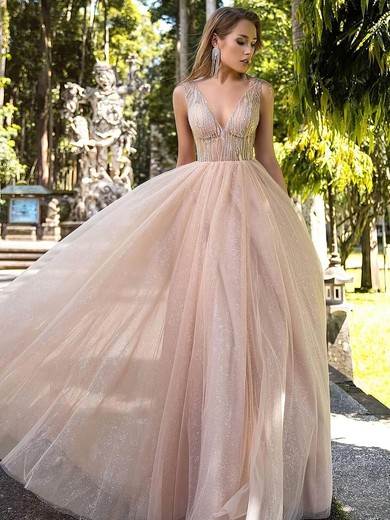 Tulle Glitter Princess V-neck Floor-length Beading Prom Dresses #JCD020106519