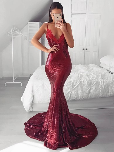 Sequined Trumpet/Mermaid V-neck Sweep Train Appliques Lace Prom Dresses #JCD020106523