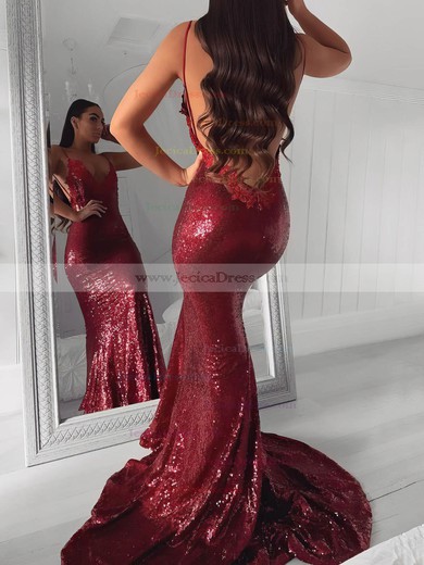Sequined Trumpet/Mermaid V-neck Sweep Train Appliques Lace Prom Dresses #JCD020106523