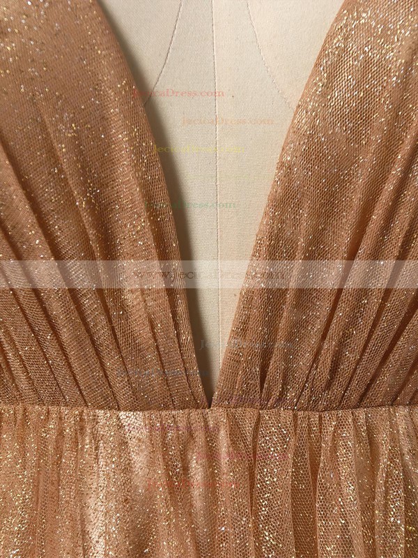 Glitter A-line V-neck Sweep Train Prom Dresses #JCD020106528