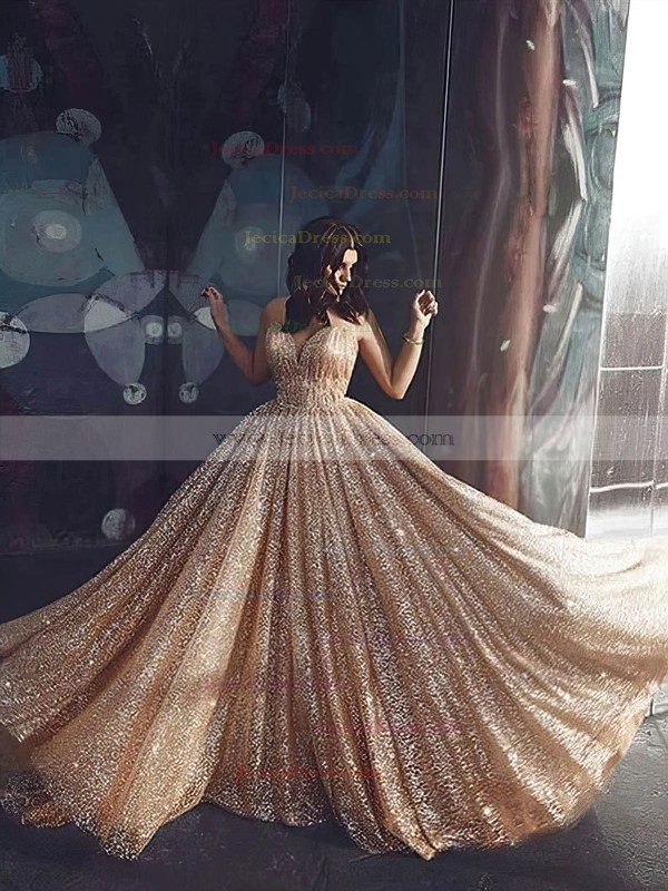 Glitter Princess V-neck Sweep Train Prom Dresses #JCD020106532