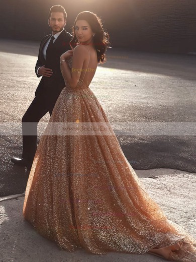 Glitter Princess V-neck Sweep Train Prom Dresses #JCD020106532