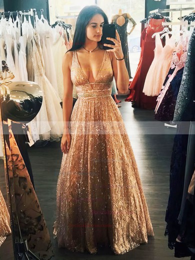 Glitter Princess V-neck Floor-length Beading Prom Dresses #JCD020106533