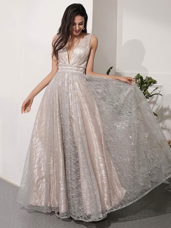 Glitter A-line V-neck Floor-length Beading Prom Dresses #JCD020106543