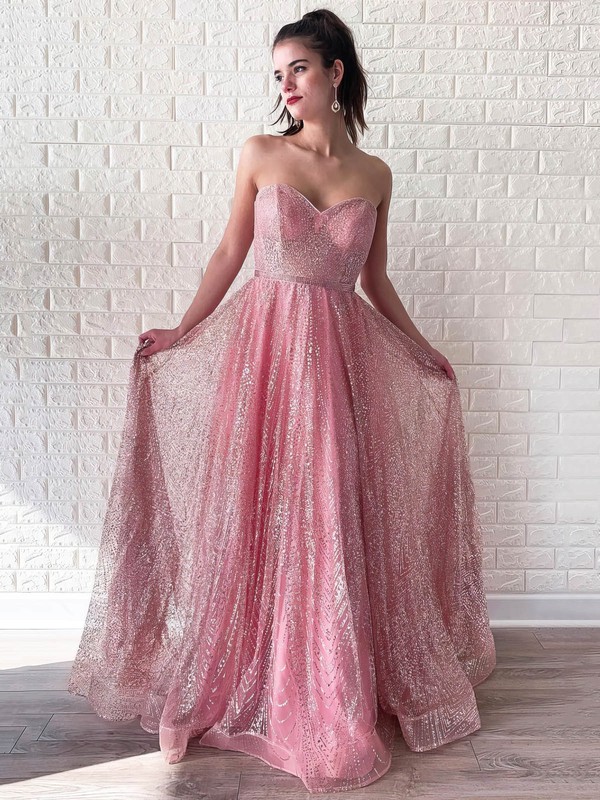 Glitter A-line Sweetheart Floor-length Beading Prom Dresses #JCD020106544