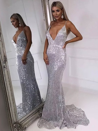 Sequined Trumpet/Mermaid V-neck Sweep Train Prom Dresses #JCD020106546