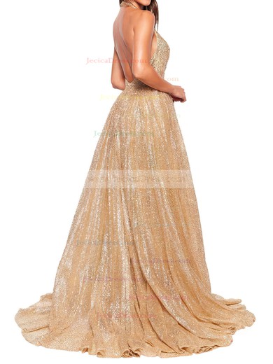 Shimmer Crepe A-line Halter Floor-length Prom Dresses #JCD020106550