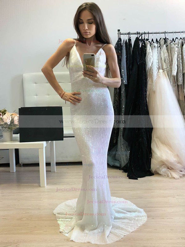 Sequined Trumpet/Mermaid V-neck Sweep Train Prom Dresses #JCD020106551