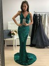 Sequined Trumpet/Mermaid V-neck Sweep Train Prom Dresses #JCD020106551