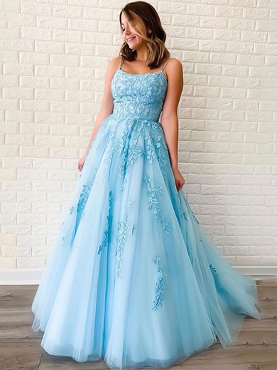 Princess Scoop Neck Tulle Sweep Train Appliques Lace Prom Dresses #JCD020106558