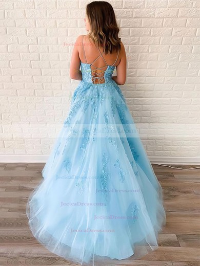 Princess Scoop Neck Tulle Sweep Train Appliques Lace Prom Dresses #JCD020106558