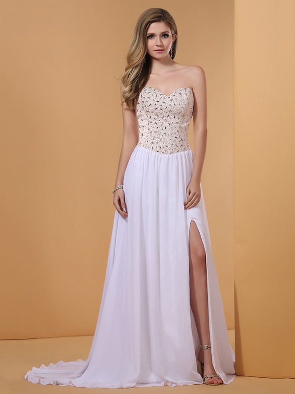 White Chiffon Sweetheart Split Front and Crystal Detailing A-line Prom Dresses #JCD02014365