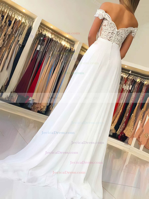 A-line Off-the-shoulder Chiffon Floor-length Beading Prom Dresses #JCD020106467