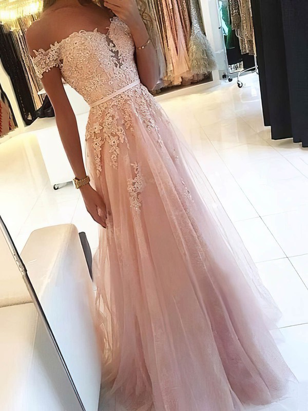 A-line Off-the-shoulder Tulle Floor-length Appliques Lace Prom Dresses #JCD020106470